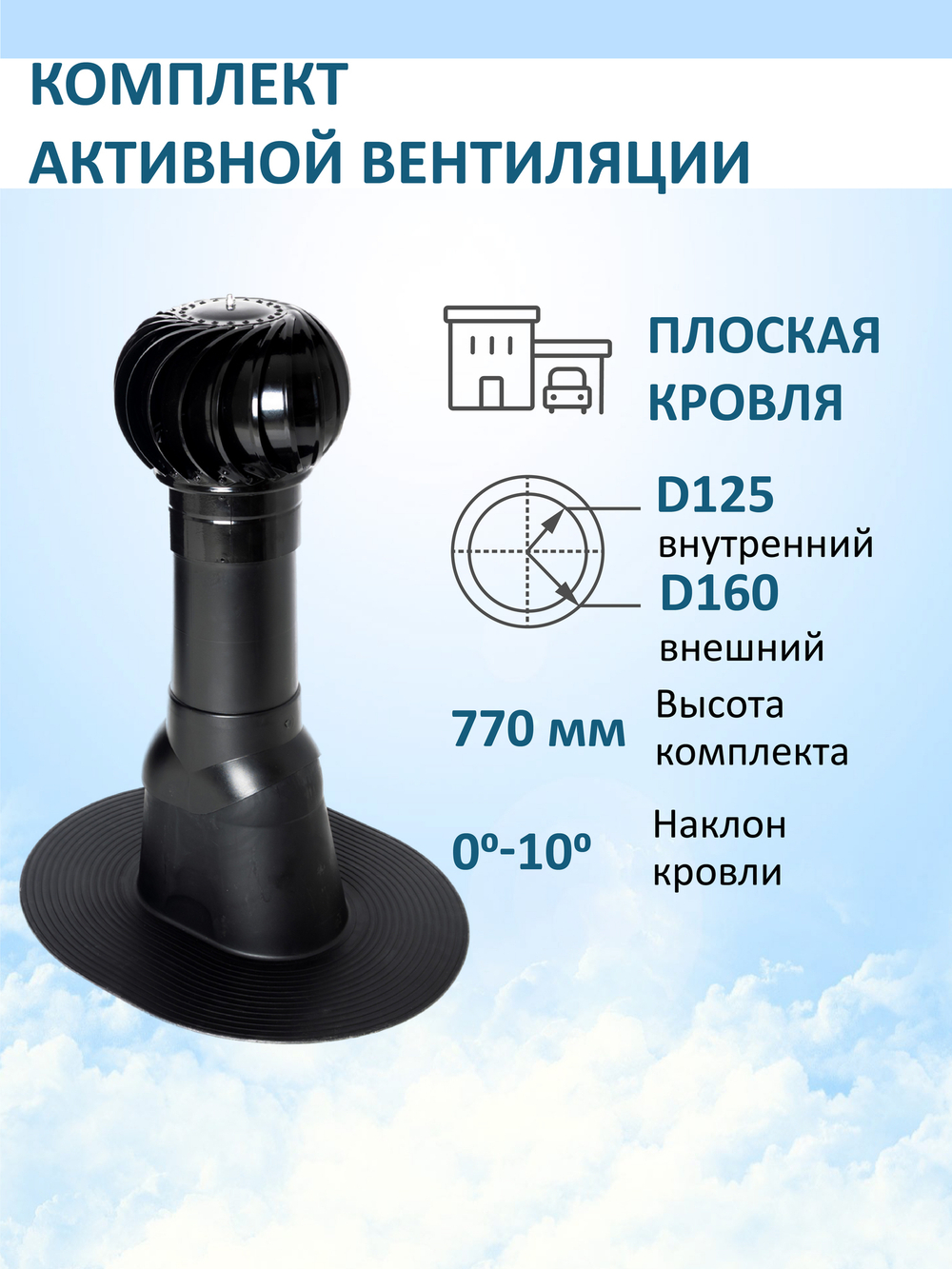 Комплект активной вентиляции: Вентиляционный выход изолированный D125/160 утепленный высота H=500 мм, проходной элемент для плоской кровли ТП-187, турбодефлектор Ø 160 мм, серый