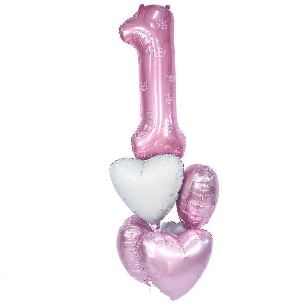 Шар (40"/102 см) Цифра, 1, Slim, Короны, Розовый, в упаковке 1 шт.