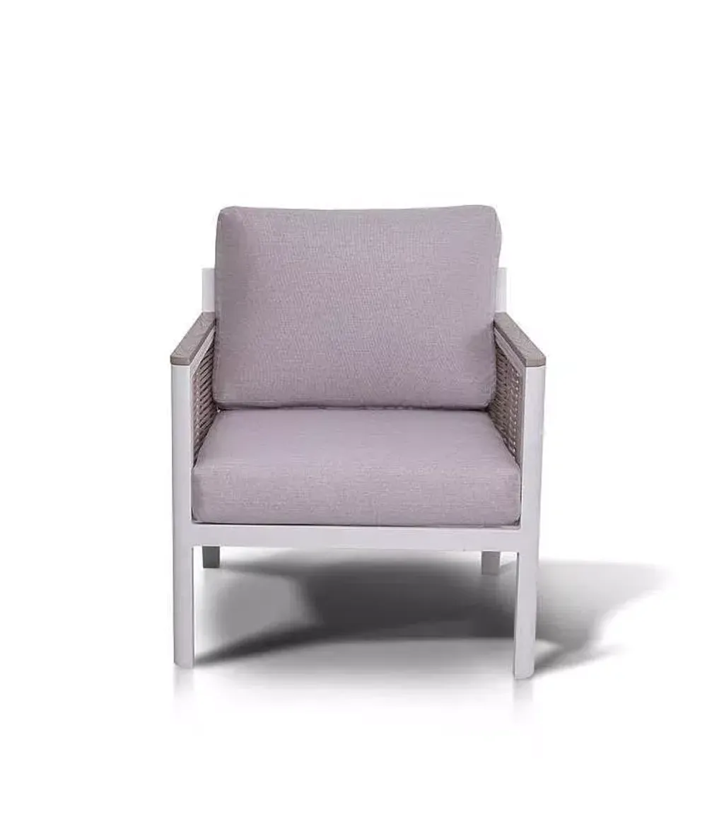 "Сан Ремо" кресло плетеное из роупа садовое, каркас алюминий белый, роуп бежевый, ткань бежевая