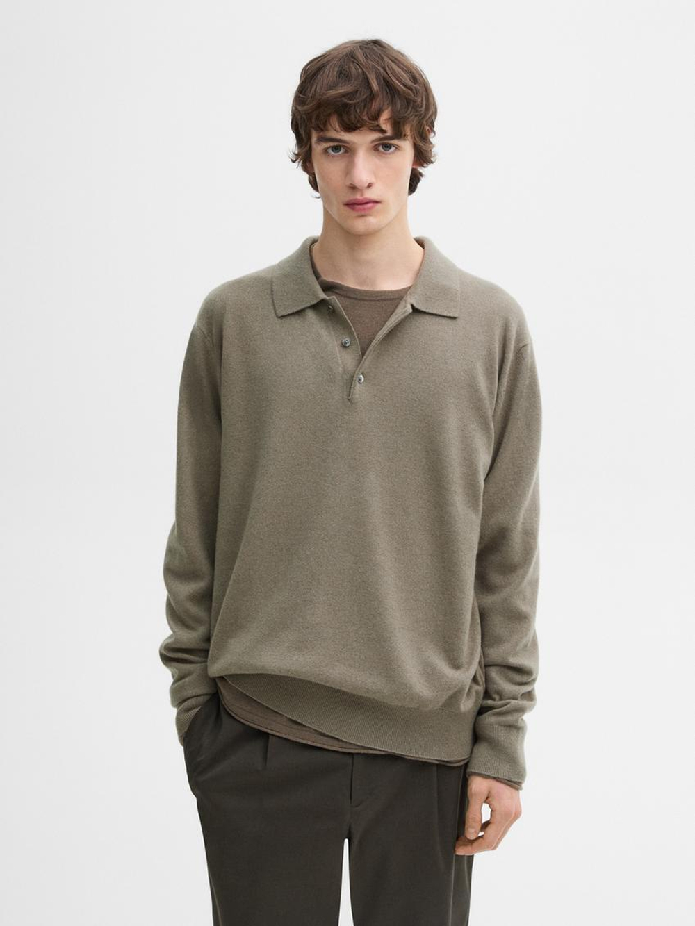 Massimo Dutti Свитер из 100% кашемира с воротником-поло, светлый хаки