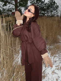 Комплект вязаный, кардиган с поясом и брюки