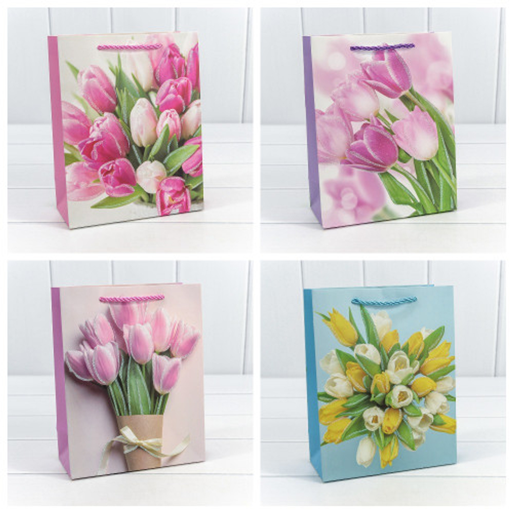 Пакет подарочный 18х23х10см "Тюльпаны" (Микс)