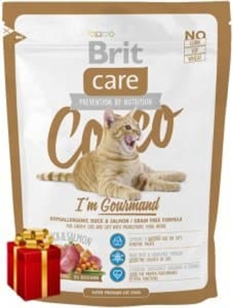 Brit Care Cat Cocco Gourmand беззерн., для кошек-гурманов 400 г + Жеват. колбаски Молина в подарок