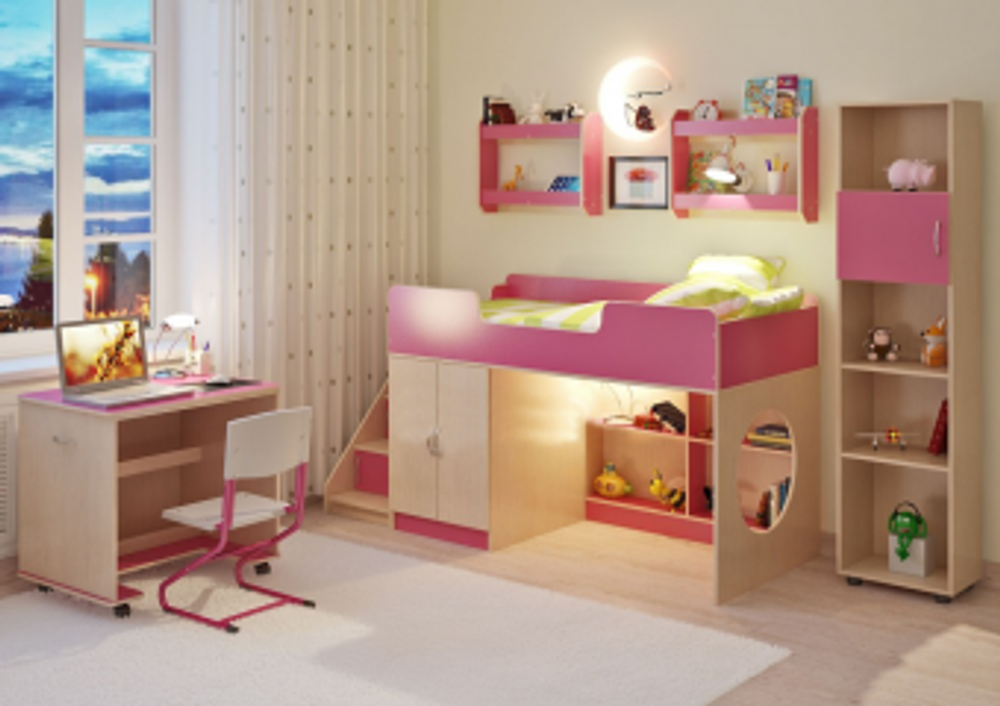 Детская стенка КарИВи Л-№5  Дуб Молочный Розовый