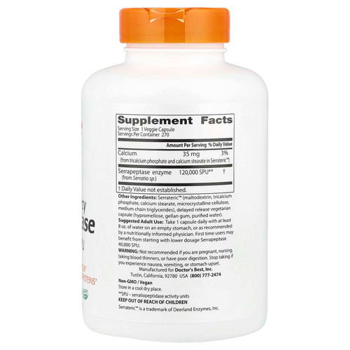 Doctor's Best, серрапептаза высокой эффективности, 120 000 SPU, 270 растительных капсул
