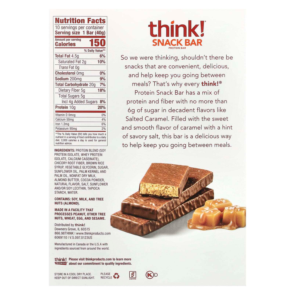 Think !, Батончики Protein + 150 Calorie, соленая карамель, 10 батончиков по 1,41 унции (40 г) каждый