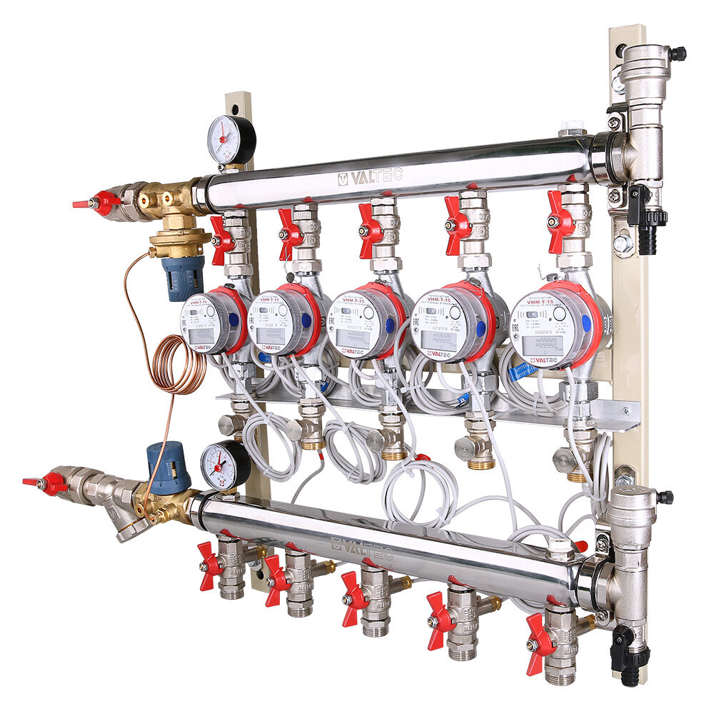 Узел этажный для поквартирного учета тепловой энергии с автоматическим регулятором перепада давлений 1", 7 вых., ввод справа