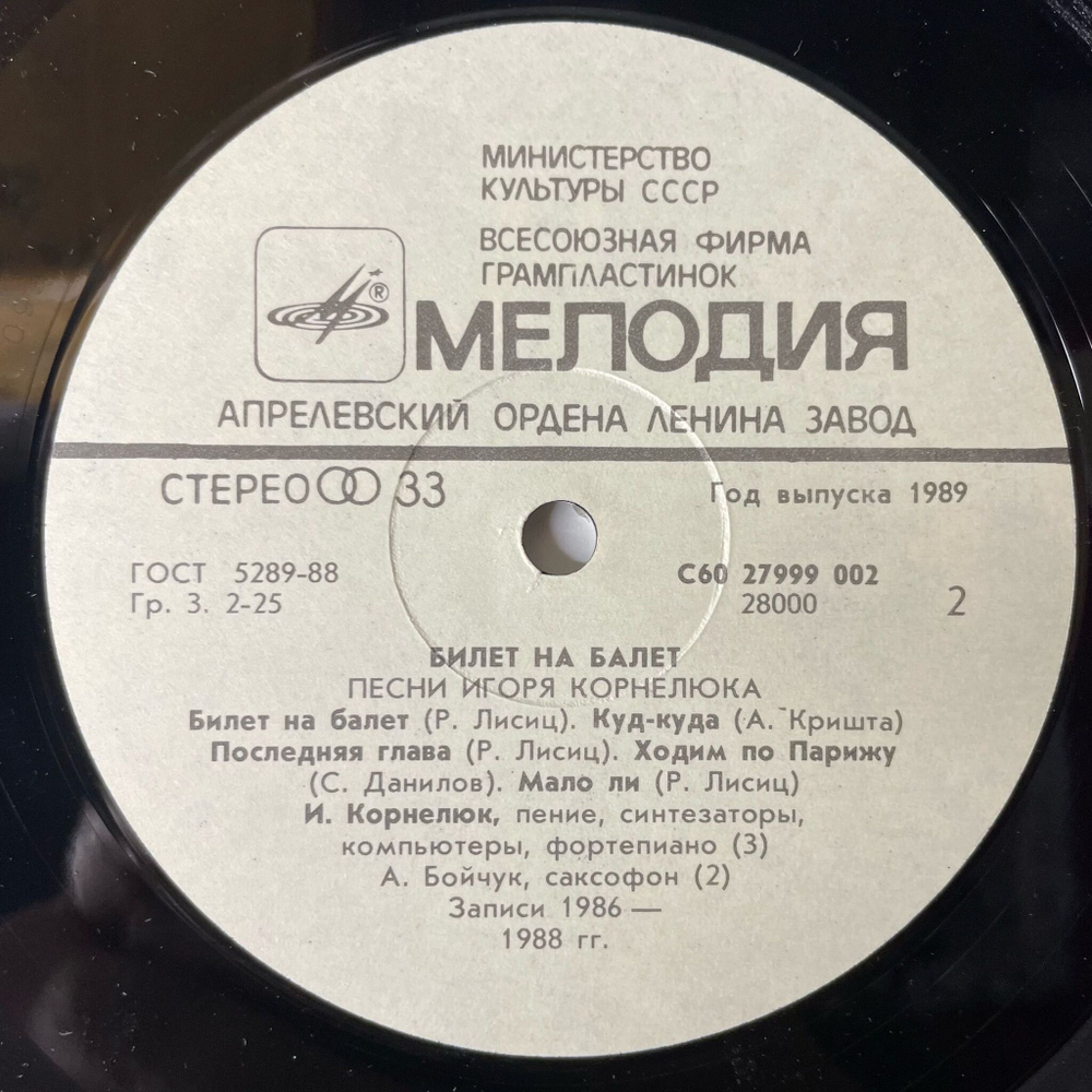 Винтажная виниловая пластинка LP Игорь Корнелюк Билет На Балет (СССР 1989)
