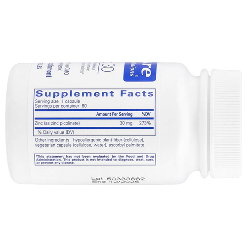 Pure Encapsulations, Цинк 30, 60 капсул (30 мг в капсуле)