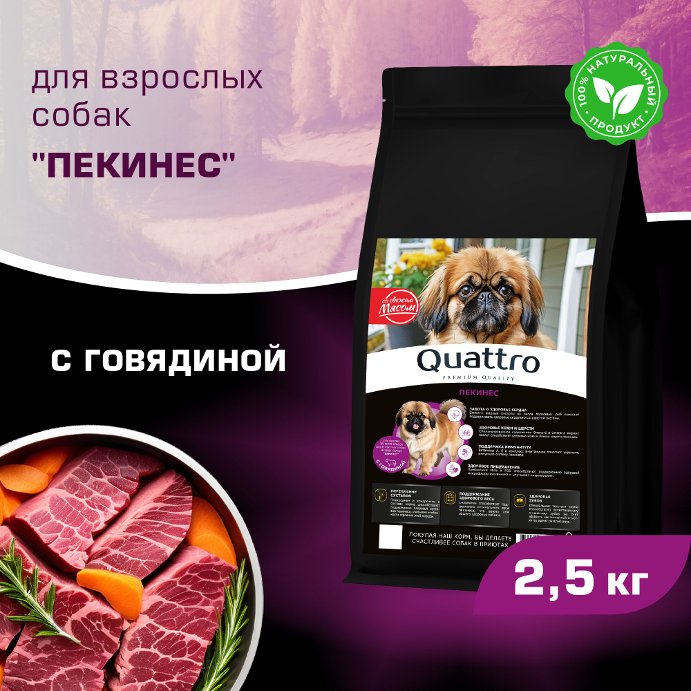 Корм сухой для взрослых собак породы Пекинес, с говядиной, 2,5 кг, QUATTRO
