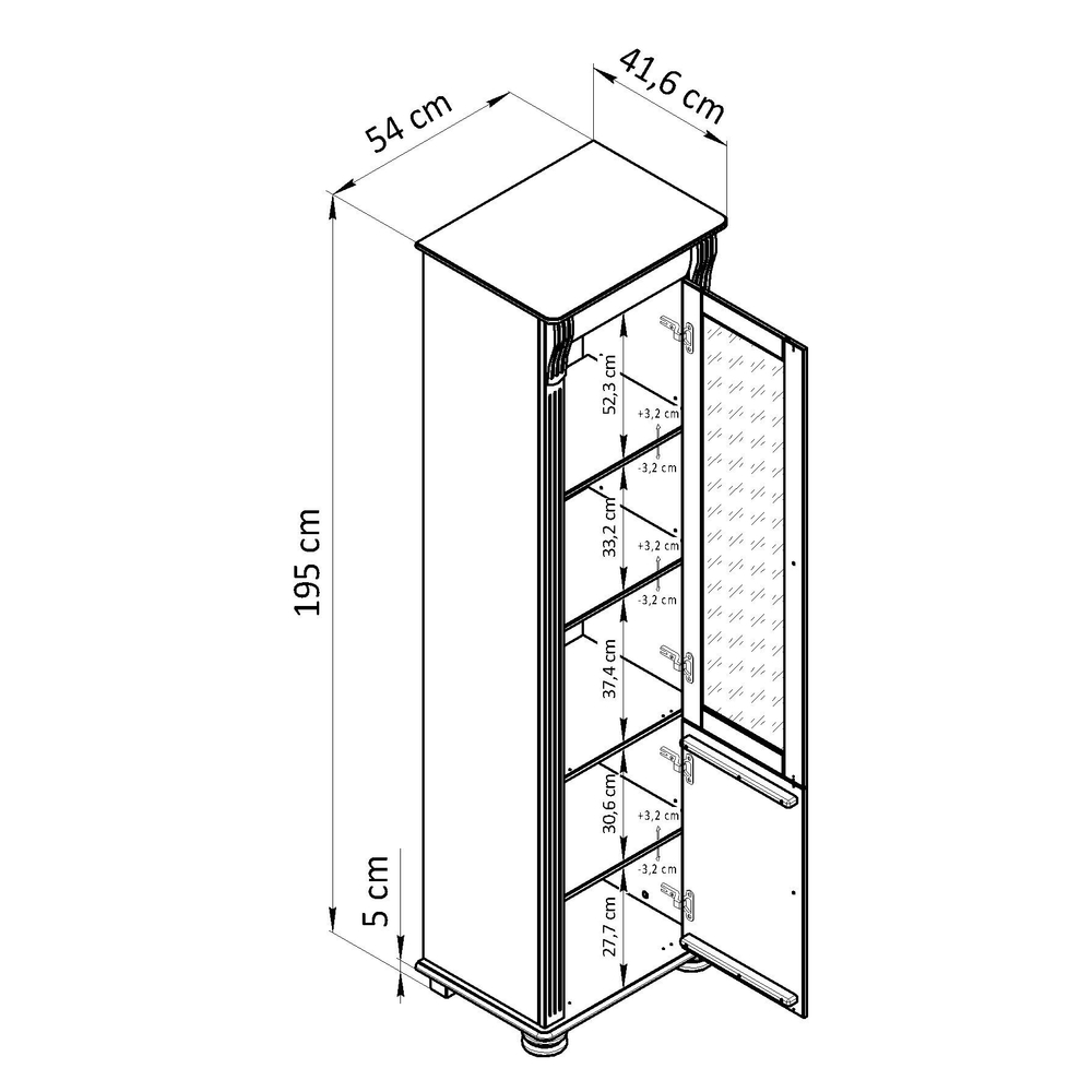Шкаф-витрина Сюзанна из сосны, 2 двери 4 полки, 195х54х42 см, белый шкаф в прихожую