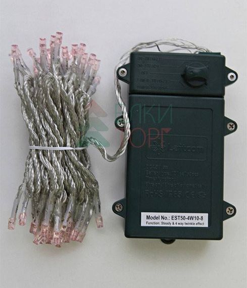 Светодиодная гирлянда 5 м., 3 батарейки типа D 4.5V, 50 LED ламп светло розового цвета, таймер, прозрачный провод, LTC (EST50-4W10-8BP)
