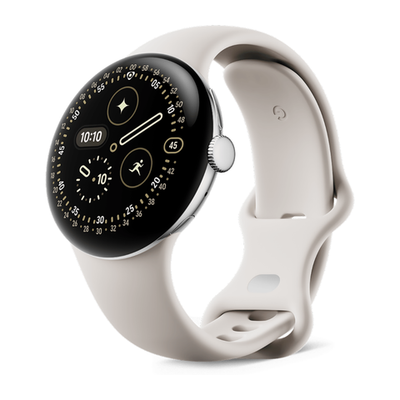 Умные часы Google Pixel Watch 4, 41 мм, Wi-Fi, ремешок фарфорового цвета Полированный серебристый корпус из переработанного алюминия, ремешок из фторэластомера с покрытием «софт-тач» и застёжкой pin-and-tuck — на запястье обхватом 130–210 мм