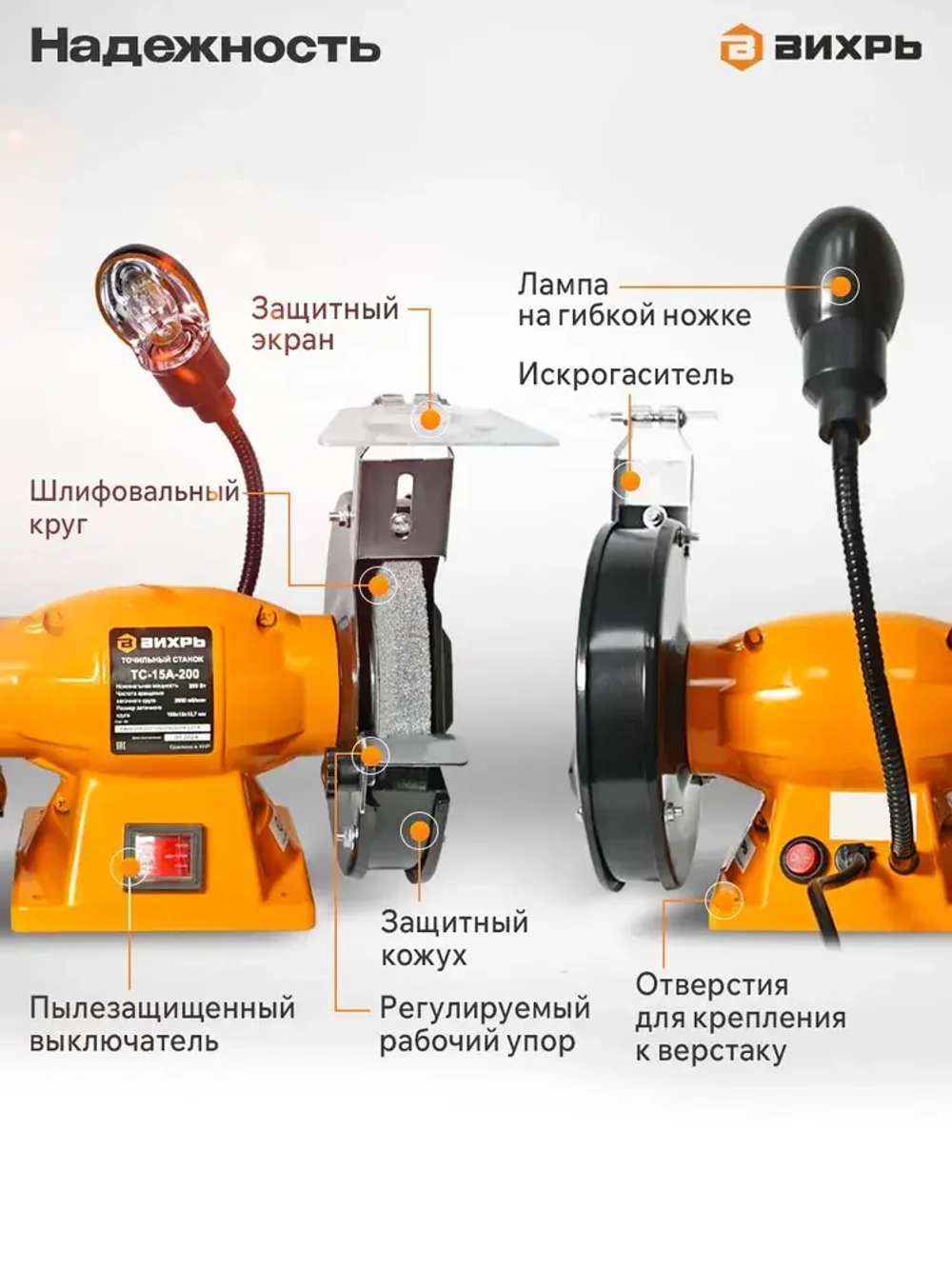 Точильный станок элетрический ТС-15А-200 Вихрь ( 200 Вт, 2950 об/мин, круг 150мм, 1 год гарантии)
