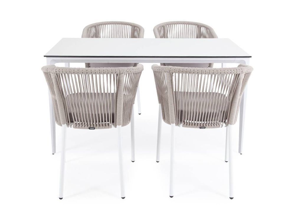 "Малага" обеденная группа на 4 персоны со стульями "Марсель", каркас белый, роуп бежевый