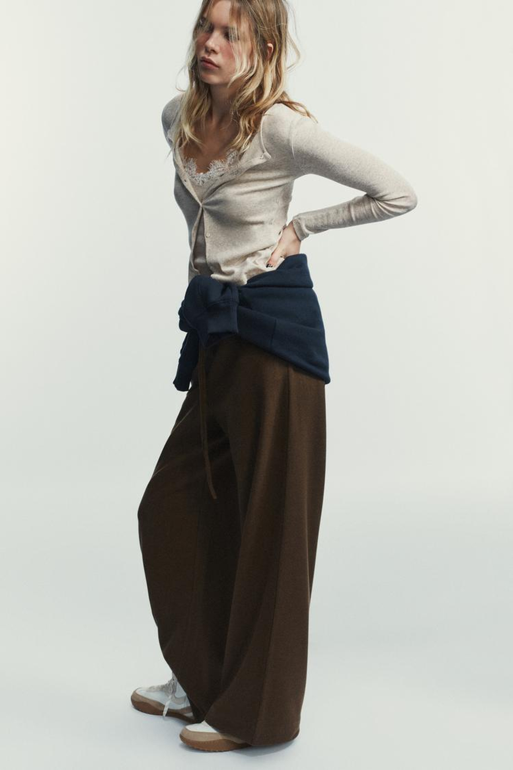 ZARA КАРДИГАН С КРУЖЕВНЫМ ТОПОМ, ПЕСОЧНЫЙ МЕЛАНЖ