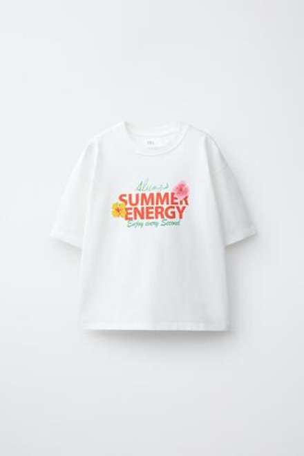 ZARA ФУТБОЛКА С ПРИНТОМ SUMMER, БЕЛЫЙ
