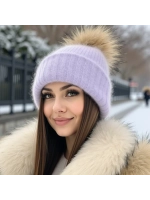 шапка ангора с меховым помпоном зимняя пушистая стильная