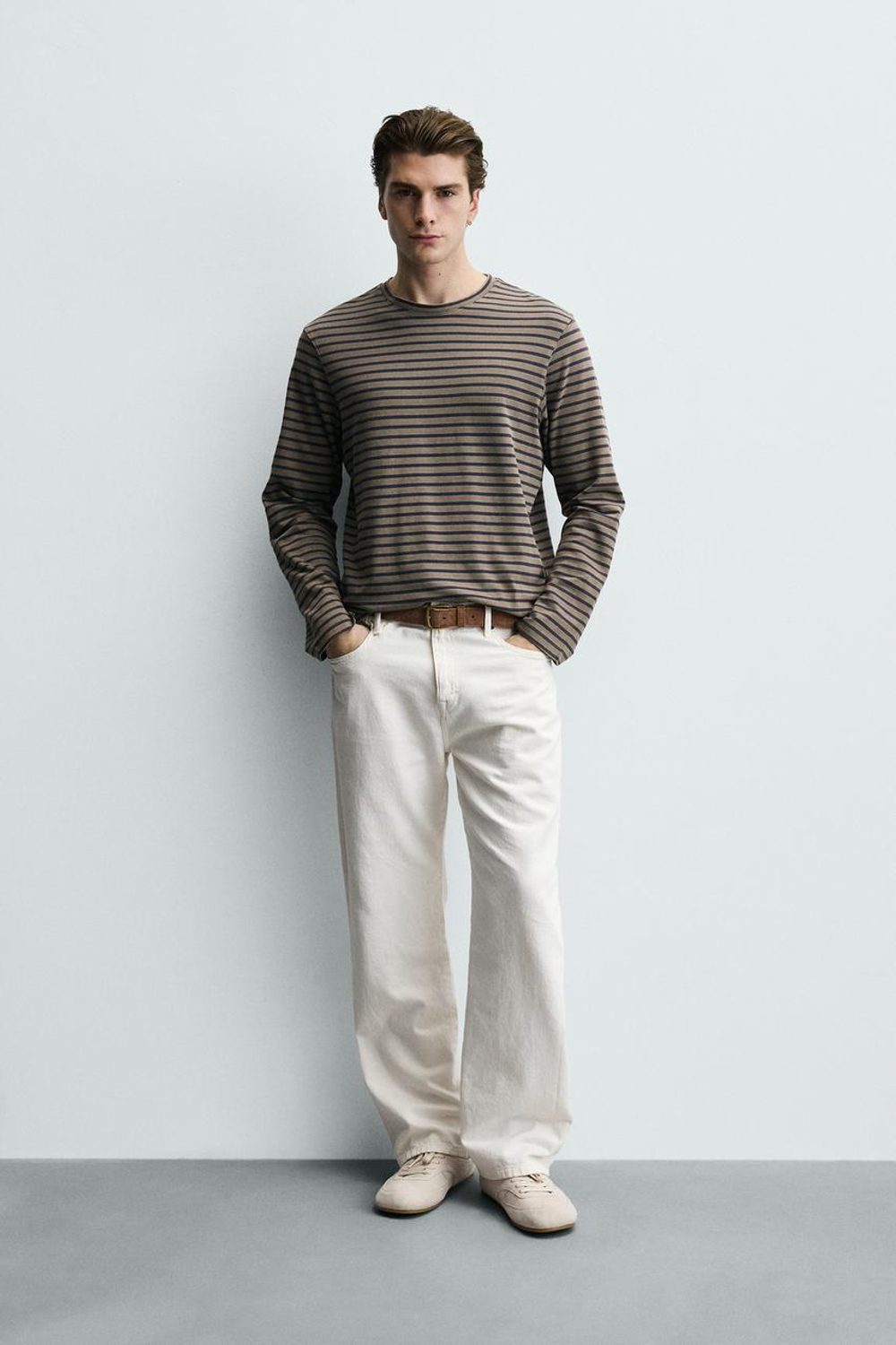 ZARA ФУТБОЛКА В ПОЛОСКУ С ЭФФЕКТОМ ПОТЕРТОСТИ, ЗЕЛЕНОВАТО-СИНИЙ