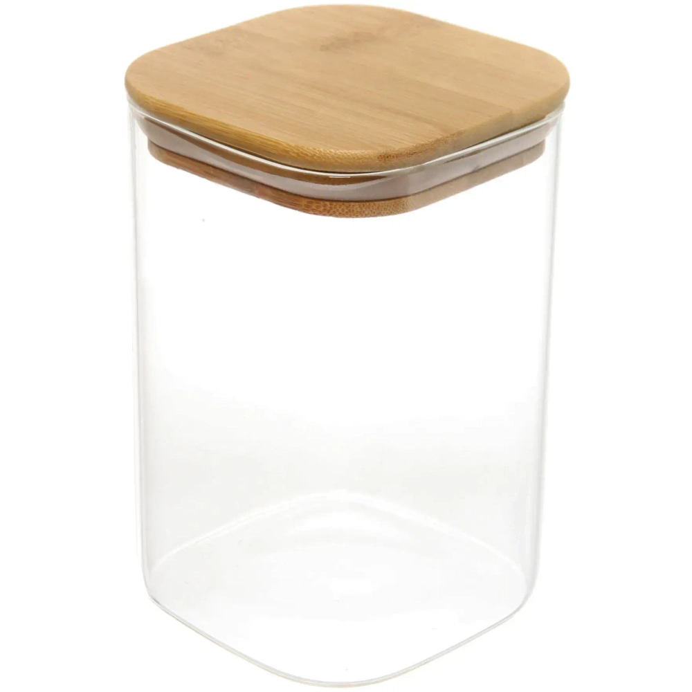 Банка для продуктов стеклянная 1000мл «Хай-Тек» с бамбуковой крышкой, квадратная 10*15см