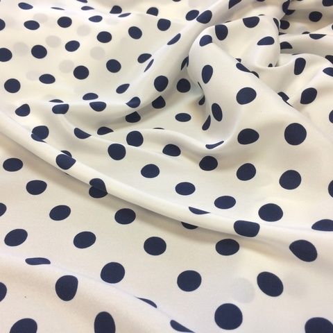 Ткань  шелк матовый с эластан синий горох на белом фоне 1045