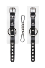Бело-черные кожаные наручники с одним ремешком с люверсами