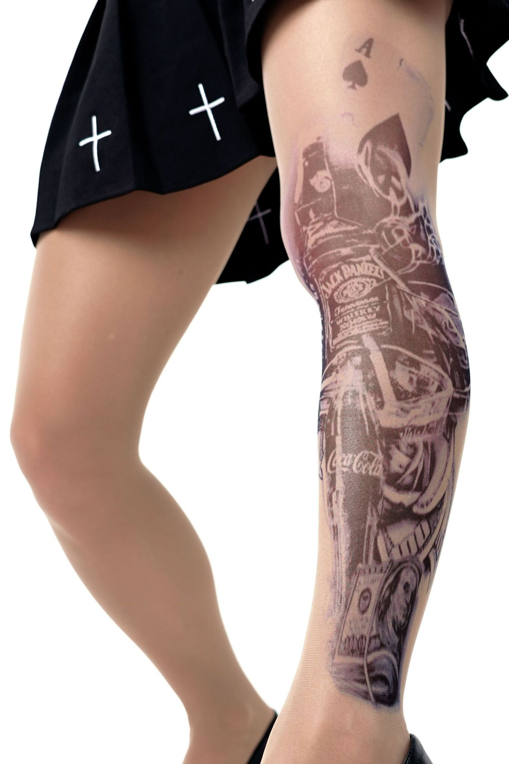 Колготки с принтом в виде карт, напитков и купюр (Размер: S-M-L) (Цвет: бежевый)