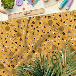 Ткань атлас полевые цветы и одуванчики на жёлтом фоне