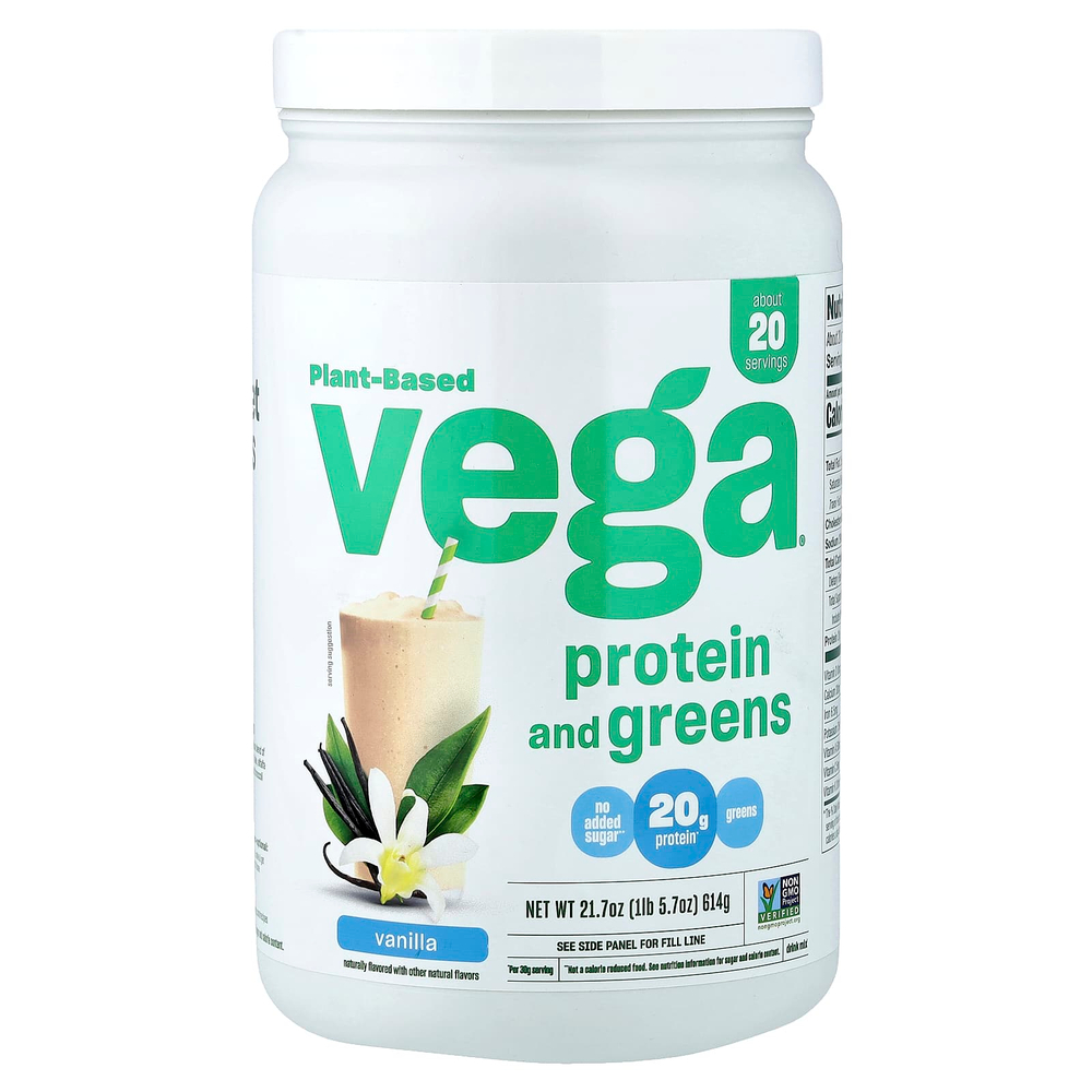Vega, растительный протеин и зелень, со вкусом ванили, 614 г