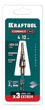 KRAFTOOL COBALT 4-12мм, 9 ступеней, азотирование, винтовая спираль, сверло ступенчатое(29691-4-12-9)