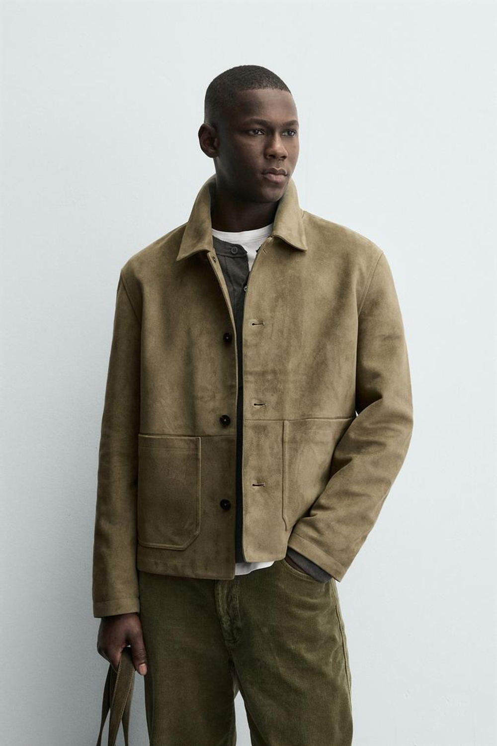 ZARA КУРТКА ИЗ ИСКУССТВЕННОЙ ЗАМШИ С КАРМАНАМИ, ЗЕЛЕНЫЙ/СЕРЫЙ