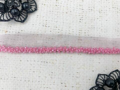 Кант на органзе с бисером, ш. 1 см, бисер ш. 0,5 см, розовый
