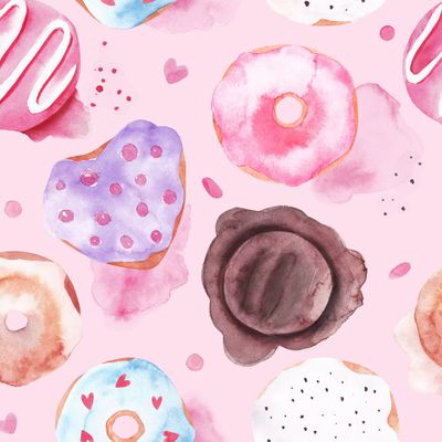 Пончики акварелью на нежно розовом фоне