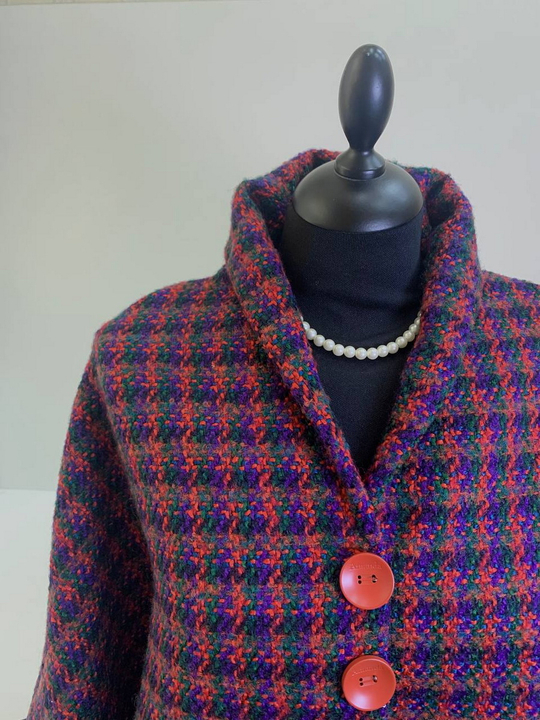 Твид шанель, красный/фиолетовый/зеленый, шерсть