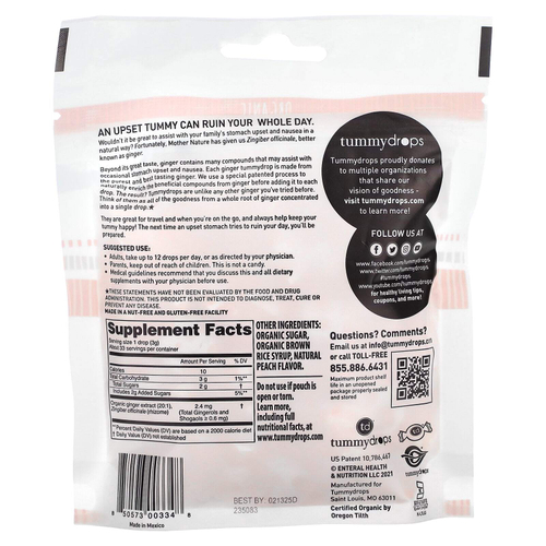 Tummydrops, органический персик с двойным имбирем, 33 пастилки
