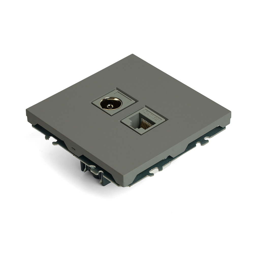 Розетка TV + компьютерная RJ-45 (механизм), STEKKER, серия Эмили, RST00-5106-10, платиново-серый, soft touch 49950