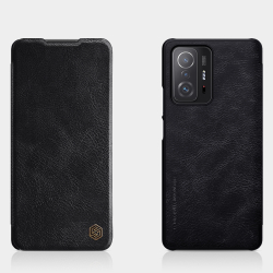 Кожаный чехол книжка от Nillkin для смартфона Xiaomi 11T и 11T Pro, черный цвет, серия Qin Leather