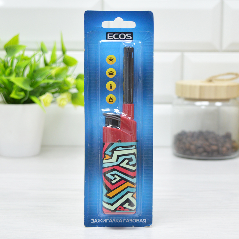 Зажигалка газовая ECOS 089С, красная с принтом