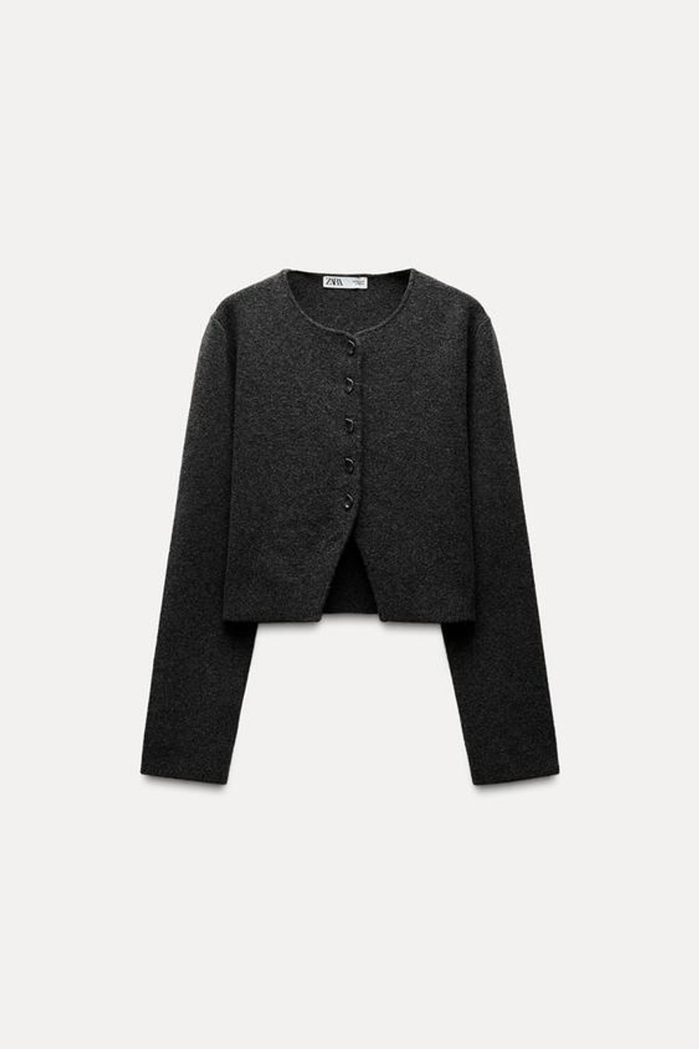 ZARA ОДНОТОННЫЙ УКОРОЧЕННЫЙ КАРДИГАН ИЗ ТРИКОТАЖА, СЕРЫЙ С МЕЛАНЖЕВЫМ ЭФФЕКТОМ