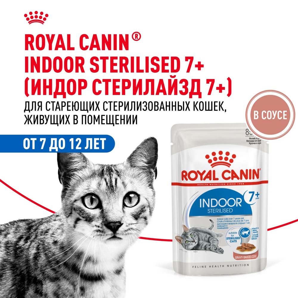 Пауч Royal Canin Indoor Sterilized 7+ для кошек в возрасте от 7 до 12 лет, живущих в помещении, небольшие кусочки в соусе Пауч Royal Canin Indoor Sterilized 7+ для кошек в возрасте от 7 до 12 лет, живущих в помещении, небольшие кусочки в соусе