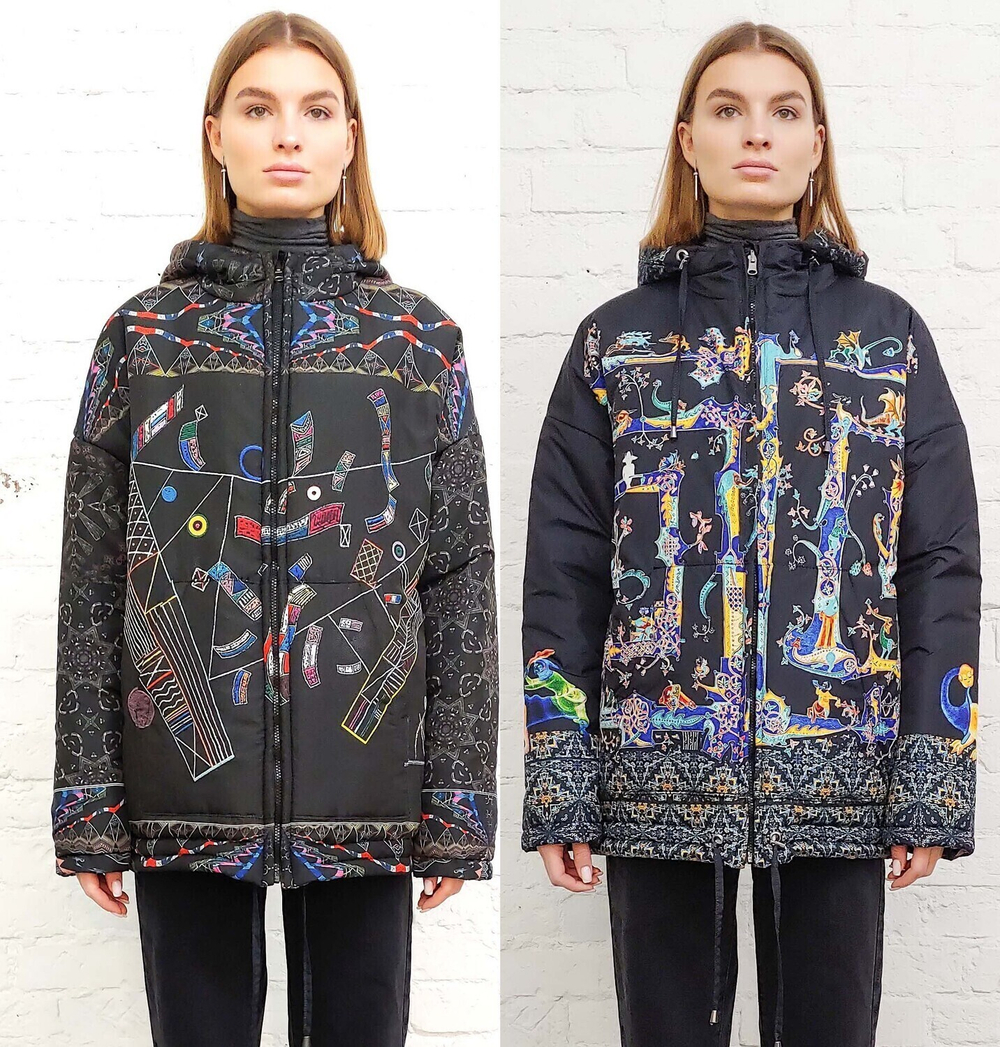 Двусторонняя куртка "Связь времён. Графика на чёрном", по мотивам абстрактной живописи Василия Кандинского и фантастических существ со страниц Псалтыри Латтрелла.