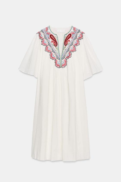 ZARA ПЛАТЬЕ МИДИ С ВЫШИВКОЙ — ZW COLLECTION, ЖЕЛТОВАТО-БЕЛЫЙ