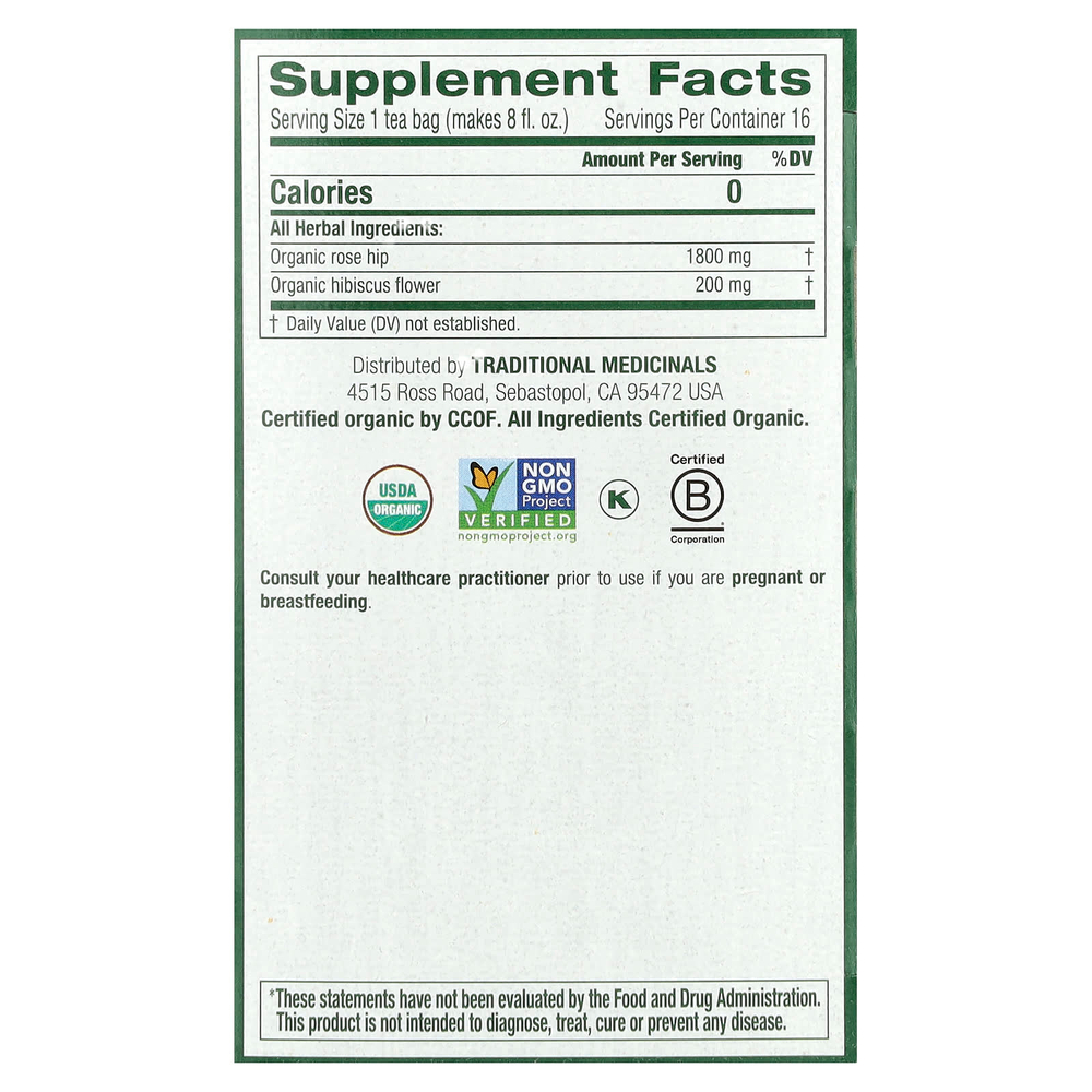 Traditional Medicinals, органические шиповник и гибискус, без кофеина, 16 чайных пакетиков, 32 г (1,13 унции)