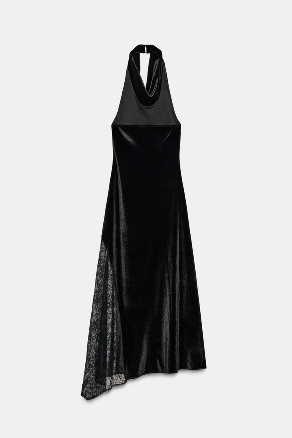 ZARA БАРХАТНОЕ ПЛАТЬЕ МИДИ С КРУЖЕВОМ, ЧЕРНЫЙ