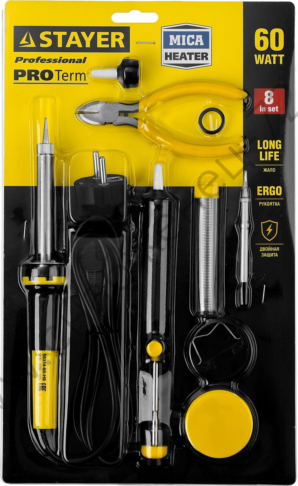 STAYER PROTerm 60Вт с 2К рукояткой, конус, подставка+припой+сменное жало+оловоотсос+сменная насадка+канифоль+кусачки, Паяльный набор (55314-60-H8)