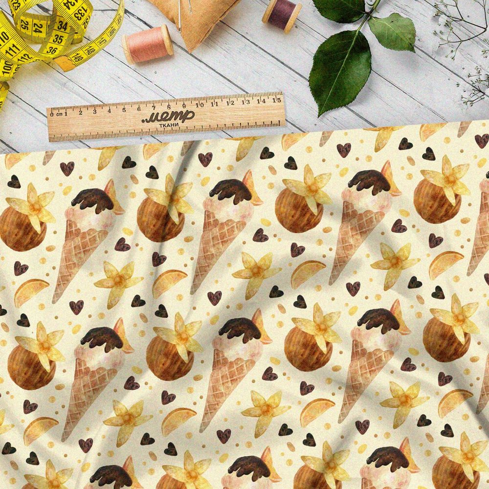Ткань таффета ванильное мороженое и кокосы на жёлтом фоне