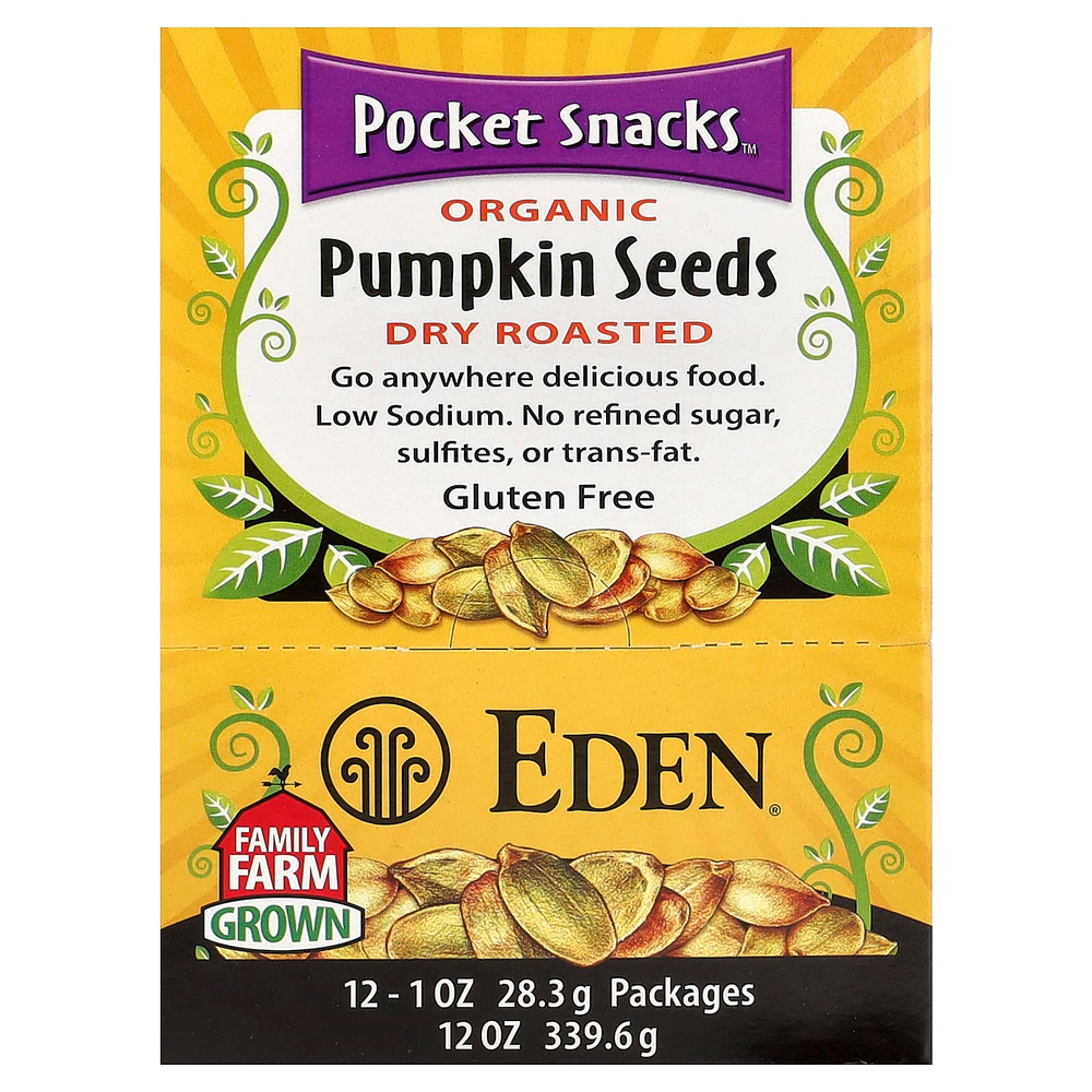 Eden Foods, Card Snacks™, органические семена тыквы, сухой обжарки, 12 пакетиков по 28,3 г (1 унция)
