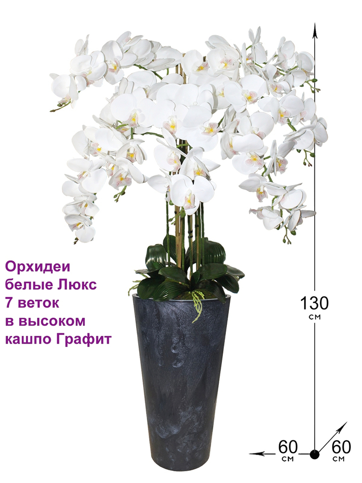 Искусственные орхидеи белые люкс 7 веток в кашпо Графит