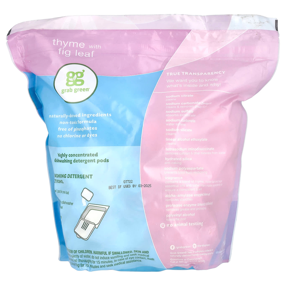 Grab Green, Капсулы со средством для автоматического мытья посуды, чабрец с листиками инжира, 132 порции, 2376 г (5 фунтов 4 унции)