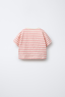 ZARA ФУТБОЛКА В ПОЛОСКУ В СТИЛЕ РУСТИК, ЯРКО-РОЗОВЫЙ